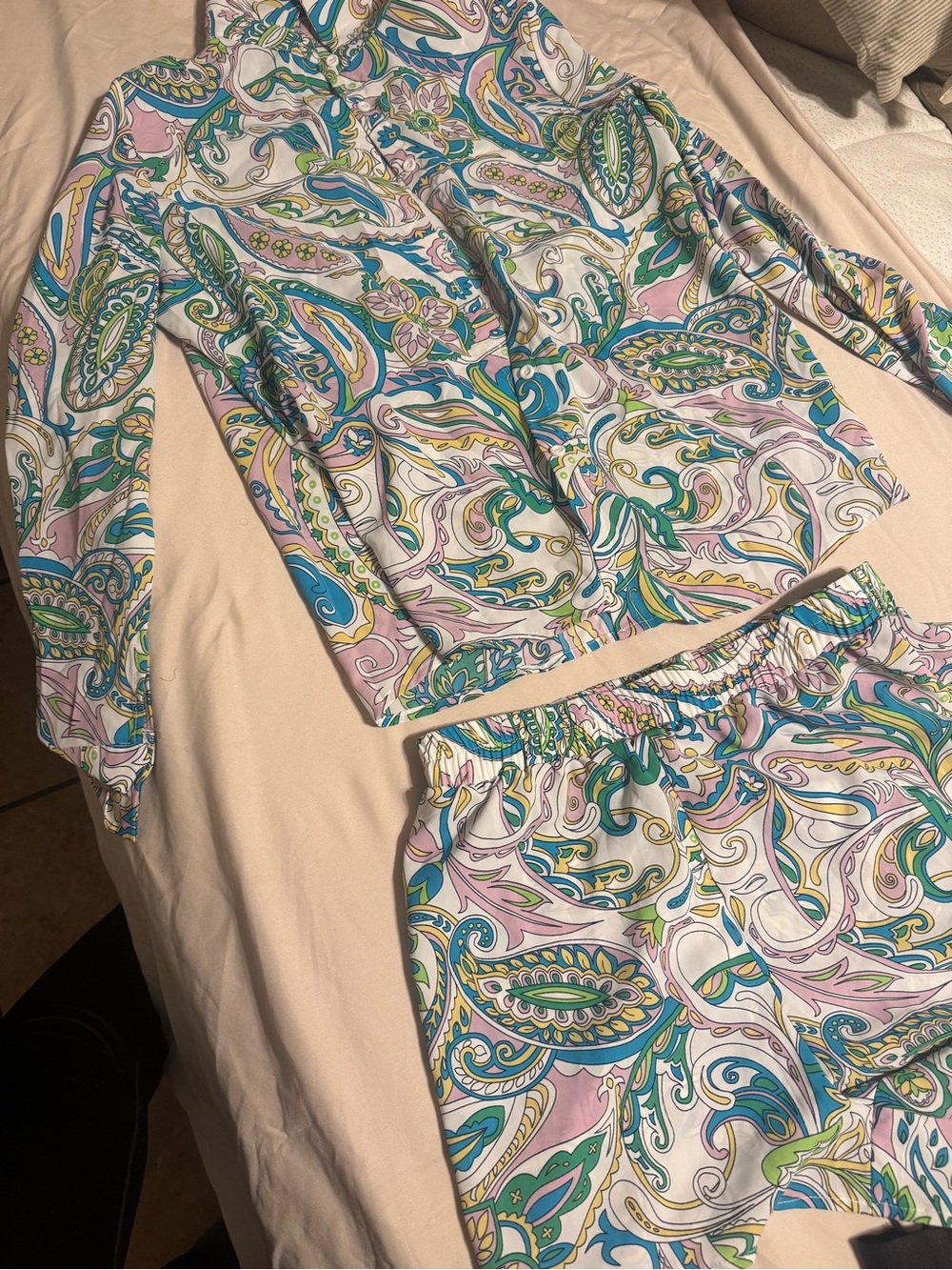 Women’s Paisley Print Pajama Set - White, Pink & Teal